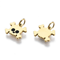 Real 14K Gold Plated 316 Surgical Stainless Steel Enamel Charms, with Jump Rings, Skull, Black, Real 14K Gold Plated, 7x8x1mm, Jump Ring: 3.4x0.5mm, 2.4mm inner diameter