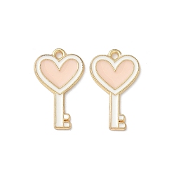 Pink Подвески из эмали и сплава, Ключ с сердцем, золотой свет, без кадмия, без никеля и без свинца, розовые, 22.5x13.5x1 мм, отверстие : 1.4 мм