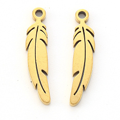 Golden Vacuum Plating 201 Stainless Steel Pendants, Laser Cut, Feather, Golden, 17x4.5x1mm, Hole: 1mm