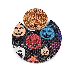 Colorful Halloween Theme Imitation Leather Pendant, with Iron Jump Ring, Flat Round with Pumpkin, Colorful, 47.5x40.5x1.5mm, Hole: 1.6mm