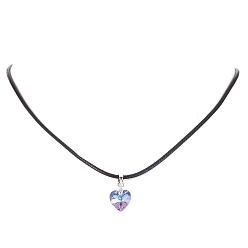 Heliotrope Glass Heart Pendant Necklaces, with Imitation Leather Cord, Heliotrope, 17.64 inch(44.8cm)