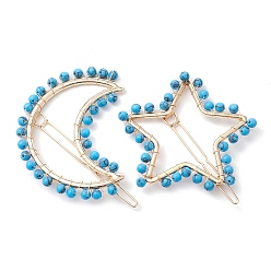 Synthetic Turquoise 2Pcs Moon & Star Alloy with Synthetic Turquoise Hollow Hair Barrettes, Ponytail Holder Statement for Girls Women, Moon: 61x66x4~5mm, Star: 52.5~54x60x4~4.5mm