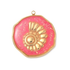 Cerise 304 Stainless Steel Epoxy Resin with Natural Shell and Sequins Inside Pendants, Flat Round with Shell Shape Charms, Real 18K Gold Plated, PVD Vacuum Plating, Cerise, 28x26x3mm, Hole: 1.5mm