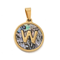 Letter W Vacuum Plating 304 Stainless Steel with Paua Shell Pendants, Golden, Flat Round with Letter Charm, Letter.W, 18x16x1.5mm, Hole: 3x6mm