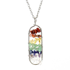 Mixed Stone Natural Mixed Stone Chips Beaded Oval Pendant Necklaces, with Cable Chains, 20.87 inch(53cm)