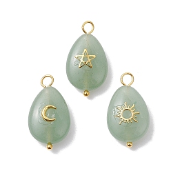 Green Aventurine 3Pcs 3 Styles Natural Green Aventurine Pendant, Teardrop Charms with Golden Plated Metal Moon & Sun & Star, 23~23.5x13x6.5~7mm, Hole: 2.4~2.8mm, 1pc/style