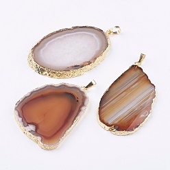 Chocolate Natural Agate Big Pendants, with Brass Findings, Nuggets, Golden, Chocolate, 59~91x32~65x3~6mm, Hole: 5x7mm