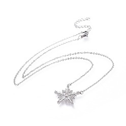 Stainless Steel Color 304 Stainless Steel Pendant Necklaces, with Cubic Zirconia, Cable Chains and Lobster Claw Clasps, Christmas Snowflake, Clear, Stainless Steel Color, 18.1 inch(46cm), 1.5mm
