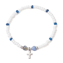 Синий 304 крошечные браслеты из нержавеющей стали с подвесками, Эластичные браслеты из стеклянного бисера и натурального лазурита для женщин и мужчин., сердце и крест, синие, внутренний диаметр: 2.20 дюйм (5.6 см)