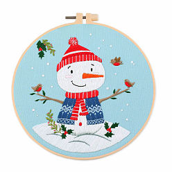 Snowman DIY Christmas Theme Embroidery Kits, Including Printed Cotton Fabric, Embroidery Thread & Needles, Plastic Embroidery Hoop, Snowman, 200x200mm