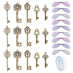 Antique Bronze SUNNYCLUE Skeleton Key Charm DIY Jewelry Making Kit for Crafts Gifts, Including Alloy Pendants, Organza Fabric Wings, Clear Elastic Crystal Thread, Antique Bronze, 55pcs/set