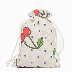 Cherry Linenette Drawstring Bags, Rectangle, Cherry Pattern, 18x13cm