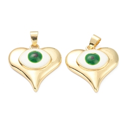 Зеленый Латунь эмаль подвески, реальный 18 k позолоченный, долговечный, сердце с сглаза, зелёные, 26x25x6 мм, отверстие : 3.5x5.5 мм
