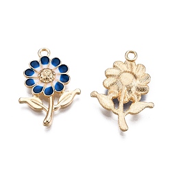 Морской Синий Подвески из эмали и сплава, золотые, подсолнечник, Marine Blue, 27x19x3.5 мм, отверстие : 1.8 мм