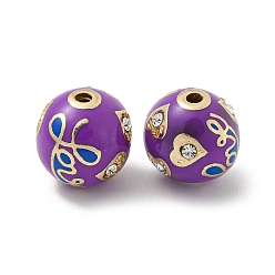 Purple Golden Alloy Enamel Beads, with Rhinestone, Round with Heart Love, Purple, 12x11.5mm, Hole: 1.8mm