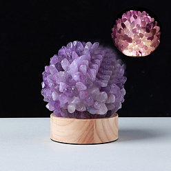 Amethyst Natural Amethyst Ball Night Light, with USB Wire and Wood Base, for Home Office Desktop Decoration, 120x90mm