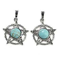 Синтетическая Бирюза Синтетические бирюзовые подвески, подвеска в виде стойки из латуни со звездой, платина, без кадмия и без свинца, 27.5x25.5x7~8 мм, отверстие : 8x5 мм