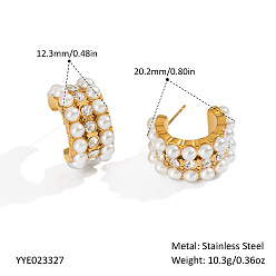 Настоящее золото 18K 304 серьги-гвоздики из нержавеющей стали c-образной формы, с имитацией жемчуга, реальный 18 k позолоченный, 20.2x12.3 мм