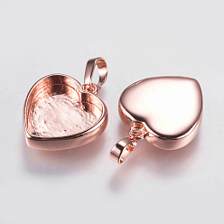 Rose Gold Brass Pendant Cabochon Settings, Plain Edge Bezel Cups, Long-Lasting Plated, Heart, Rose Gold, 17x15x3.5mm, Hole: 3x5mm, Tray: 12x13mm