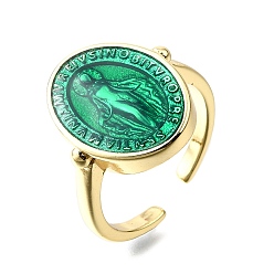 Средний Морско-зеленый Латунные эмалевые регулируемые манжеты, овал с медалью «Женщина с чудотворением», без свинца и без кадмия, стойки покрытие, долговечный, реальный 18 k позолоченный, средний морской зеленый, овальный : 17.5x13.5 mm, внутренний диаметр: регулируемый
