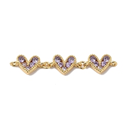 Lilac Rack Plating Brass Pave Cubic Zirconia Connector Charms, Triple Heart Links, Lead Free & Cadmium Free, Real 18K Gold Plated, Long-Lasting Plated, Lilac, 42~43x8x2.5mm, Hole: 1.2~1.4mm