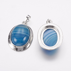 Natural Agate Natural Agate Pendants, with Platinum Tone Alloy Findings, Oval, 37x25x10mm, Hole: 4x8mm