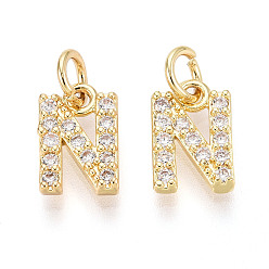 Letter N Латунные микропаве прозрачные кубические циркониевые подвески, с прыжковых колец, реальный 18 k позолоченный, без кадмия, без никеля и без свинца, Письмо N, 11x7x2.5 мм, отверстие : 3 мм