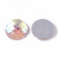 Pink Resin Cabochons, AB-Color, Flat Round with Mermaid Fish Scale, Pink, 12x3mm