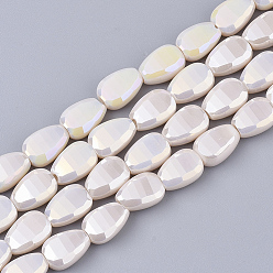Old Lace Electroplate Opaque Solid Color Glass Beads Strands, AB Color Plated, Faceted, Teardrop, Old Lace, 8.5x6x4.5~5mm, Hole: 1mm, about 80pcs/strand, 26.38 inch(67cm)