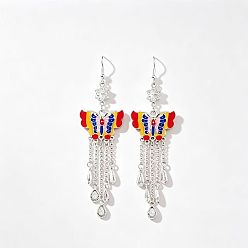 Красный Серьги из сплава эмаль, бабочка, кисточкой серьги, серебряные, красные, 65 мм