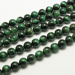 Medium Sea Green Natural Tiger Eye Beads Strands, Round, Dyed & Heated, Medium Sea Green, about 4mm in diameter, hole: 1mm