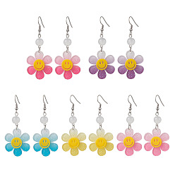 (52) Непрозрачная лаванда Серьги-подвески из прозрачного акрила градиентного цвета, с 304 нержавеющей стали серьги крючки, цветок с улыбающимся лицом, платина, разноцветные, 64x27.5 мм, 5 пар / набор