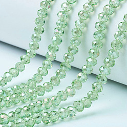 Pale Green Electroplate Glass Beads Strands, AB Color Plated, Faceted, Rondelle, Pale Green, 4x3mm, Hole: 0.4mm, about 123~127pcs/strand, 16.5~16.9 inch(42~43cm)