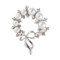 Платина Броши со стразами из цинкового сплава, с пластиковой имитационной жемчужиной, бантом, платина, 54x43 мм