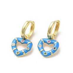 Dodger Blue Heart Real 18K Gold Plated Brass Dangle Hoop Earrings, with Cubic Zirconia and Enamel, Dodger Blue, 21.5x11.5mm