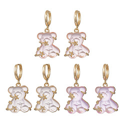 Mixed Color 3 Pair 3 Color Resin Bear with Crystal Rhinestone Star Dangle Hoop Earrings, Real 14K Gold Plated Brass Jewelry for Women, Mixed Color, 40mm, Pin: 0.9mm, 1 Pair/color