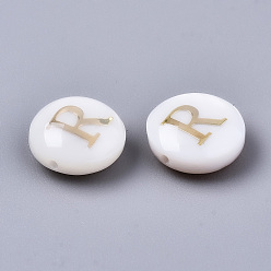 Letter R Natural Freshwater Shell Beads, with Golden Plated Brass Etched Metal Embellishments, Flat Round, Seashell Color, Letter.R, 8x3~5mm, Hole: 0.5~07mm
