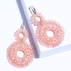 Pink European and American Fashion Geometric Beaded Earrings - Exaggerated Personality, Double Circle Beads.