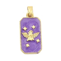 Средний Фиолетовый Латунь эмаль подвески, Прямоугольник с ангелом, стойки покрытие, долговечный, без кадмия и без свинца, золотые, средне фиолетовый, 27.5x14x2.5 мм, отверстие : 5.5x3.5 мм