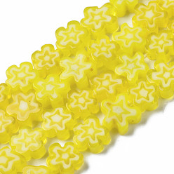 Yellow Handmade Millefiori Glass Bead Strands, Flower, Yellow, 5.5~8x2.5mm, Hole: 1mm, about 64~67pcs/strand, 15.75 inch~16.34 inch(40~41.5cm)