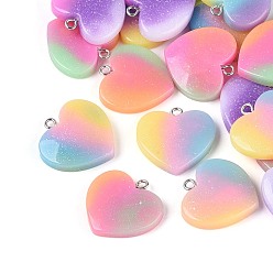 (52) Непрозрачная лаванда Подвески из непрозрачной смолы и блестящей пудры, сердце прелести, с железной платиной петлей, разноцветные, 23.5~24x24~24.5x5~6 мм, отверстие : 2 мм