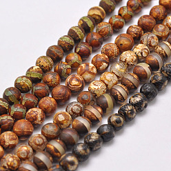 Mixed Patterns Natural Tibetan Style dZi Beads Strands, Dyed & Heated, Matte Style, Round, Mixed Patterns, about 6mm, Hole: 2mm, about 32pcs/strand, 6.9 inch