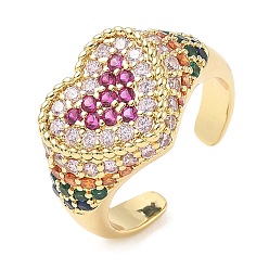 Разноцветный Кольца-манжеты в форме сердца из латуни с микропаве из кубического циркония для женщин, без кадмия и без свинца, стойки покрытие, реальный 18 k позолоченный, красочный, 13 мм, внутренний диаметр: 19 мм