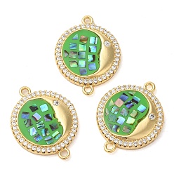 Зеленый лайм Покрытие стойки латунь микро-паве прозрачный кубический цирконий плоский круглый с подвесками в форме луны, с ракушкой и эмалью, реальный 18 k позолоченный, долговечный, без свинца и без кадмия, зеленый лайм, 24x18x3 мм, отверстие : 2 мм