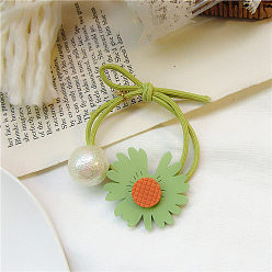 Green hair tie Cute Daisy Hair Tie with Floral Elastic Band - Forest Style, Leather Cover.