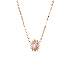 Rose Gold Cubic Zirconia Flower Pendant Necklaces with Stainless Steel Chains, Rose Gold, 17.72 inch(45cm)