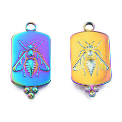 Rainbow Color Ion Plating(IP) 201 Stainless Steel Pendants, Rectangle with Bees, Rainbow Color, 29x14x2mm, Hole: 2.5mm