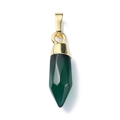 Green Onyx Agate Natural Green Onyx Agate Pendants, Faceted Cone Charms with Rack Plating Golden Plated Brass Snap on Bails, Cadmium Free & Lead Free, 21x6mm, Hole: 3.5x6mm