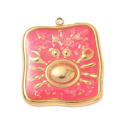 Светло-Вишневый 304 подвески из нержавеющей стали, эпоксидной смолы, с натуральными ракушками и пайетками внутри, квадрат с подвесками-крабами, реальный 18 k позолоченный, вакуумное покрытие pvd, светло-вишневый, 25.5x22x3 мм, отверстие : 1.5 мм