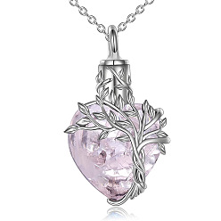 Misty Rose Heart with Tree of Life Glass Urn Pendant Necklaces, Stainless Steel Chain Necklaces, Misty Rose, 21.65 inch(55cm)